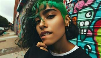 Foto närbild av en ung latina kvinna med vibrerande grön ränder i henne hår, bitande henne lägre läpp i förväntan, med en färgrik graffiti vägg. generativ ai