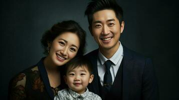 asiatisk par innehar deras liten pojke mellan dem, deras ler strålande kärlek.. generativ ai foto