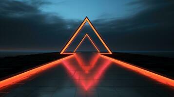 generativ ai, minimalistisk ö paradis med geometrisk neon ljus bro, trogen landskap foto
