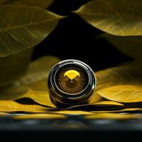 kamera lins i höst löv bakgrund foto