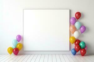 ai genererad vägg ram med färgrik ballonger foto
