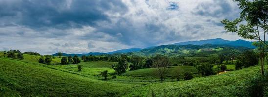 landskap med bergsutsikt, grönt berg och grön kulle. foto