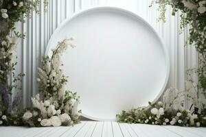 ai genererad modern cirkulär bakgrund i vit med blommor foto