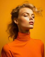 blond kvinna i orange turtleneck med lång hår.. generativ ai foto