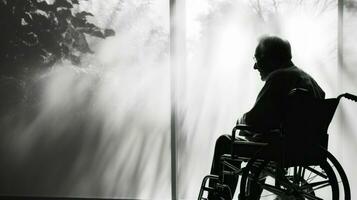 silhuett av en man Sammanträde i en rullstol. generativ ai foto