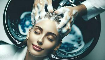 avslappnad ung kvinna få henne hår tvättades på en salong.. generativ ai foto