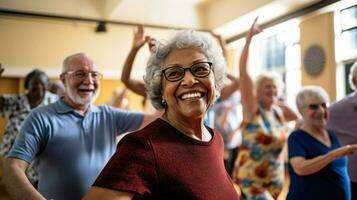en grupp av äldre människor dans och har roligt tillsammans. generativ ai foto