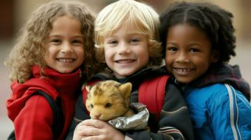 två ung Pojkar och en flicka leende, med de pojke i de Centrum innehav en fylld djur.. generativ ai foto