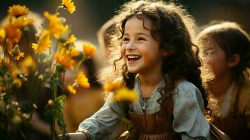 skrattande flickor i en blommig trädgård. generativ ai foto