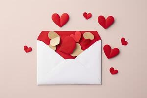 kuvert med papper hjärtan på rosa bakgrund. hjärtans dag begrepp. 3d tolkning, kärlek brev kuvert med papper hantverk hjärtan, ai genererad foto