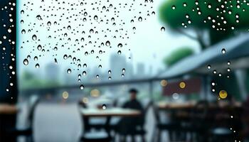 regn släppa på fönster glas av kaffe affär och suddigt stad liv bakgrund ai generera foto