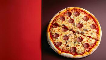 pizza placerad på de vänster med en röd och svart bakgrund ai generera foto