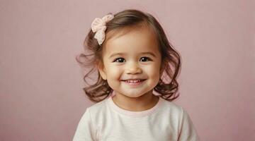 leende söt liten litet barn flicka mot färgrik pastell bakgrund med Plats för text, barn bakgrund bild, ai genererad foto