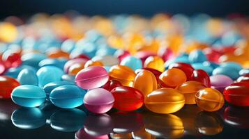 många färgrik tabletter och piller av medicin, begrepp av sjukvård behandling och först hjälpa till människor i de behandling av sjukdomar foto