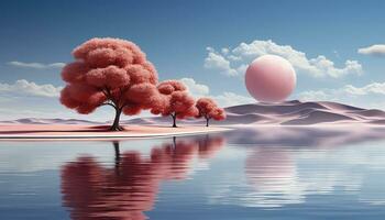 molnig minimalistisk skede med 3d båge och träd ai genererad foto
