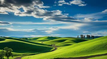 färsk grön landskap med himmel och kullar och bergen , ai genererad foto