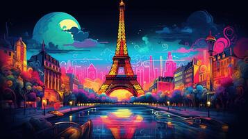 vykort med natt paris, de eiffel torn, flod, neon stil. ai genererad foto