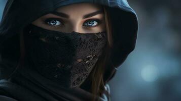 skön kvinna ninja porträtt med Plats för text på de sida, bakgrund bild, ai genererad foto
