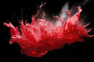 röd bläck i vatten. stänk av röd Färg. röd bläck Färg på en svart bakgrund. genererad förbi artificiell intelligens foto
