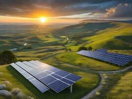 de påverkan av solnedgång himmel på vind och sol- energi generation ai generera foto