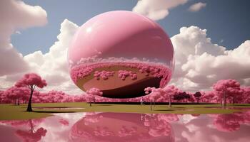 stor cirkulär strukturera med rosa moln och träd ai genererad foto
