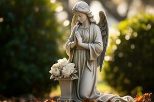 ängel staty med vit ro i de kyrkogård.religiös bakgrund ai genererad foto