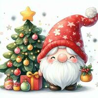 söt gnome santa claus hand dra tecknad serie stil, gåva låda och jul träd på vit bakgrund, vattenfärg foto