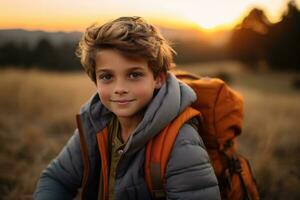 porträtt av en söt pojke ser på kamera medan nära hans tält i natur ai genererad foto