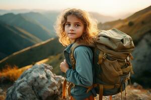 liten flicka med ryggsäck vandring på berg topp på solnedgång, resa och äventyr begrepp ai genererad foto