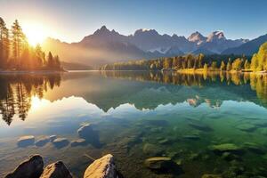 imponerande sommar soluppgång på eibsee sjö med zugspitze berg räckvidd. ai genererad foto