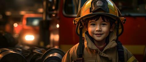 porträtt av Lycklig asiatisk pojke bär brandman enhetlig med brand lastbil i bakgrund ai genererad foto