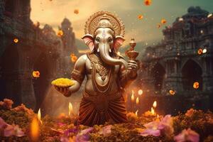hindu Gud ganesha med blommor ai genererad foto