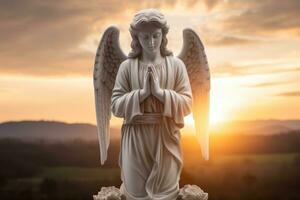 ängel staty med soluppgång i de bakgrund, religion och andlighet begrepp. ai genererad foto