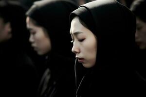 asiatisk kvinna i sorg- på en begravning, grund djup av fält.begravning begrepp ai genererad foto
