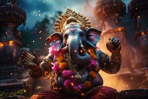 hindu Gud ganesha med blommor ai genererad foto