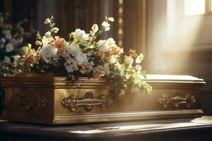 skön blommor i en Kista på en begravning ai genererad foto