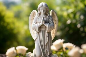 ängel staty med vit ro i de kyrkogård.religiös bakgrund ai genererad foto