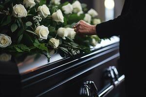 närbild av en kvinnas hand placering en bukett av vit ro i en kista.begravning begrepp ai genererad foto
