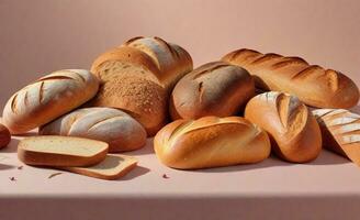 ett konstfullt presenteras sortiment av bröd på en pastell-tema tabell med en lugn pastell bakgrund med Plats för text, bakgrund bild, ai genererad foto