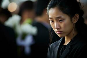 porträtt av en liten asiatisk flicka med i de kyrkogård, begravning begrepp ai genererad foto