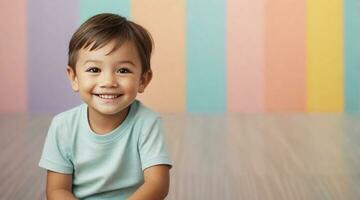 leende söt liten pojke mot färgrik pastell bakgrund med Plats för text, barn bakgrund bild, ai genererad foto