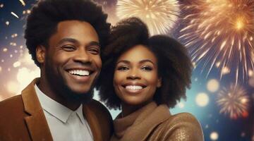 porträtt av en Lycklig leende Afroamerikan par mot fyrverkeri ny år fest bakgrund, bakgrund bild, ai genererad foto