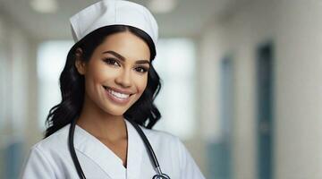 skön leende svart hår kvinna bär sjuksköterska enhetlig porträtt med Plats för text, bakgrund bild, ai genererad foto