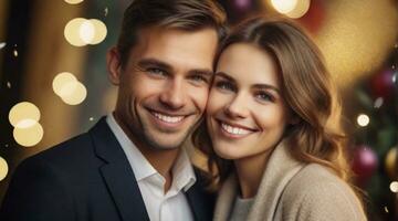 porträtt av en Lycklig leende europeisk par mot ny år fest bakgrund, bakgrund bild, ai genererad foto