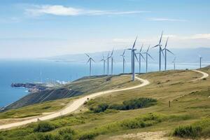 vind turbiner på en sluttning i cape stad, söder afrika, se från cape kaliakra till ett offshore vind bruka i bulgarien, ai genererad foto