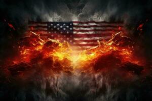 brinnande amerikan flagga på en mörk bakgrund. 3d tolkning, USA mot Kina flagga på brand, ai genererad foto