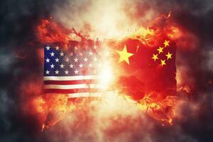USA mot Kina, politisk konflikt begrepp - två flaggor av de förenad stater och Kina på rök bakgrund, USA mot Kina flagga på brand, ai genererad foto