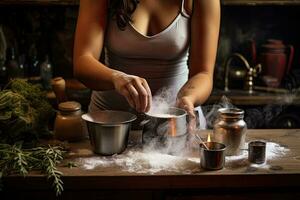 närbild av en kvinnas händer matlagning mat i de kök, kvinna tillsats salt i pott medan matlagning, ai genererad foto