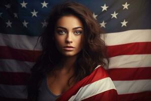 porträtt av skön ung kvinna på de bakgrund av de amerikan flagga, ung skön kvinna innehav USA flagga, ai genererad foto