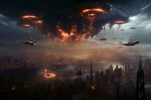 UFO invasion av de stad. 3d illustration. element av detta bild möblerad förbi nasa, krig av de värld med gigantisk rymdskepp ovan en stad, tentakler hängande ner från, ai genererad foto
